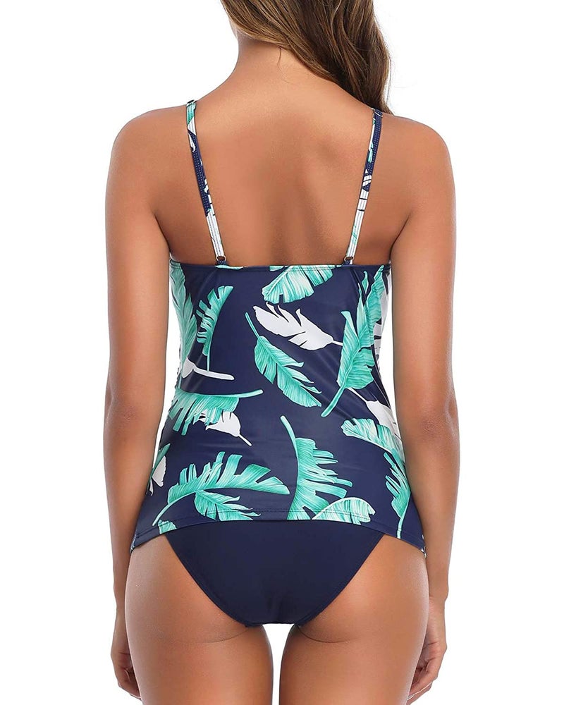 Tempt Me Green Leaf Two Piece Tankini Set Tummy Control Swimsuit for Women High Neck Top with Bottom Bathing Suits Ruched Swimwear L - Image 2